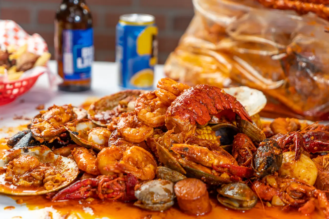 A large plate of seafood boil